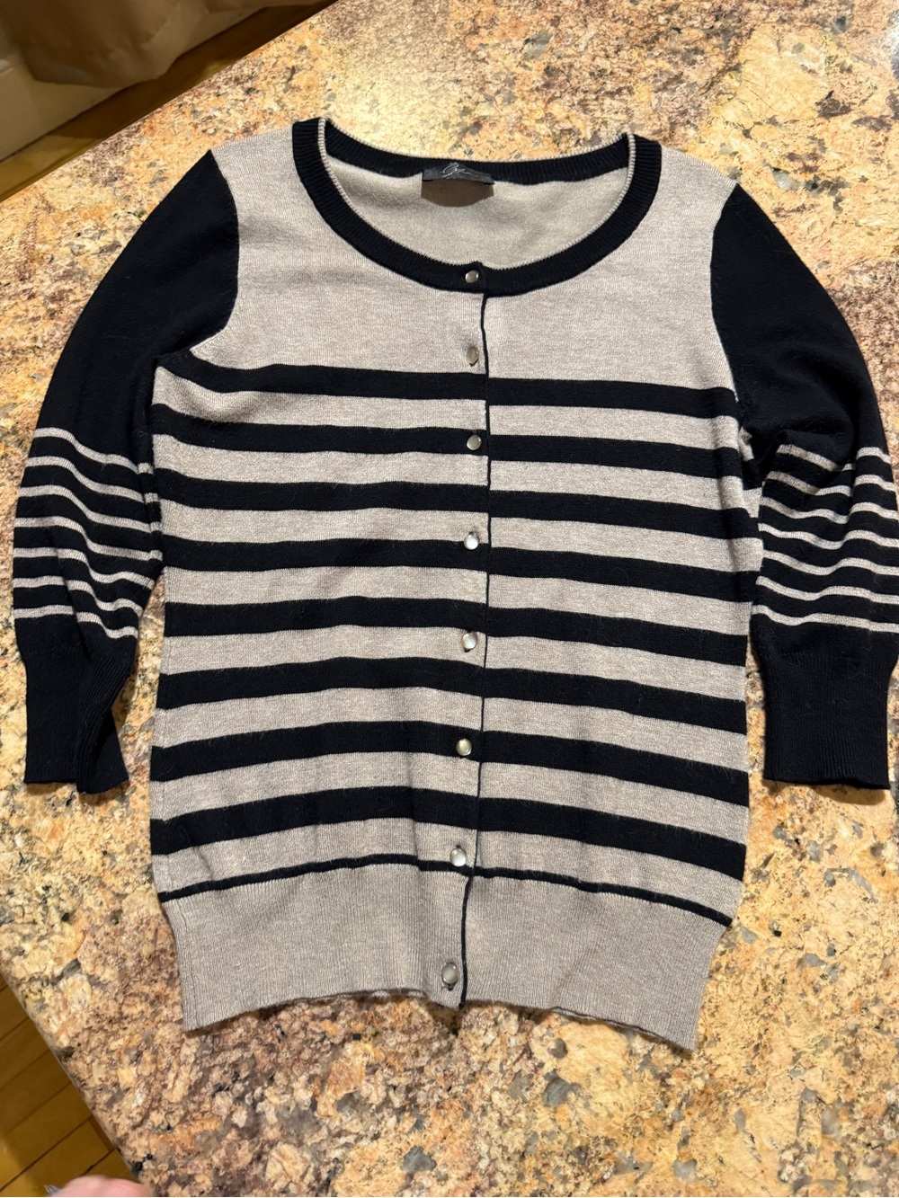 Striped Crewneck Button-Front Cardigan Sweater- Black & Beige